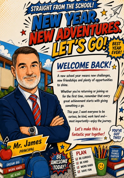 Straight from the School page with a principal's welcome message for the new year