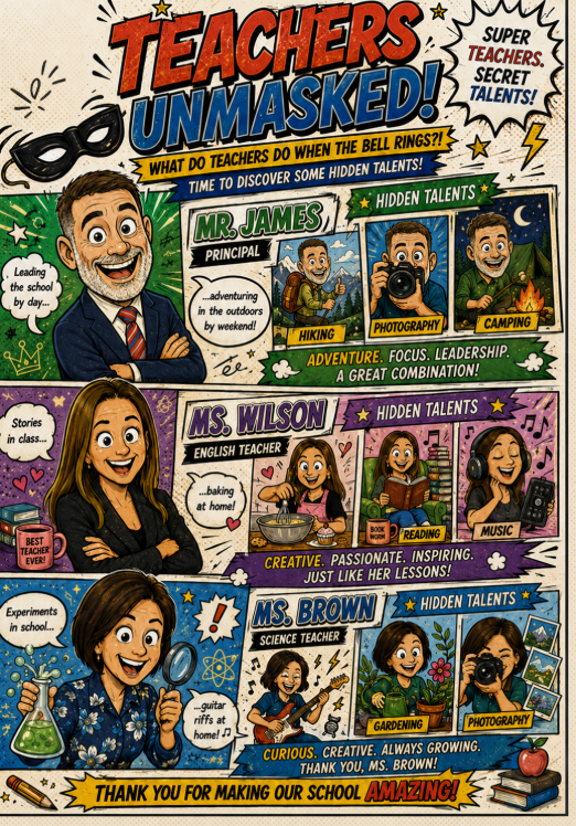 Teachers Unmasked page showing teachers and their hidden talents
