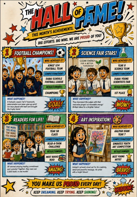 Hall of Fame page with football champions, science fair stars and art winners
