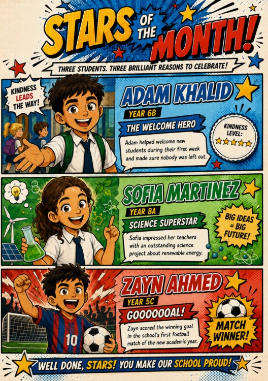 Stars of the Month page featuring three students with their achievements