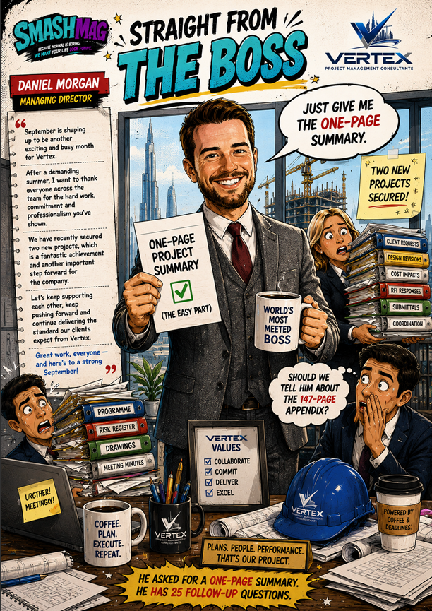 Straight from the Boss page with a managing director's message to the team
