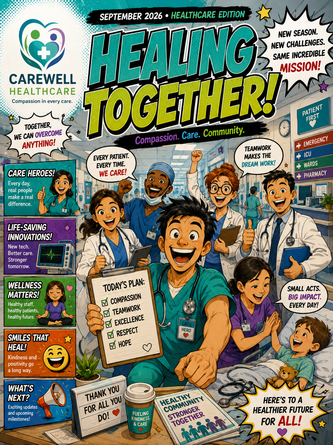 Healthcare team comic magazine cover titled Healing Together