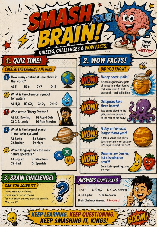 Smash Your Brain page with quizzes, wow facts and a brain challenge