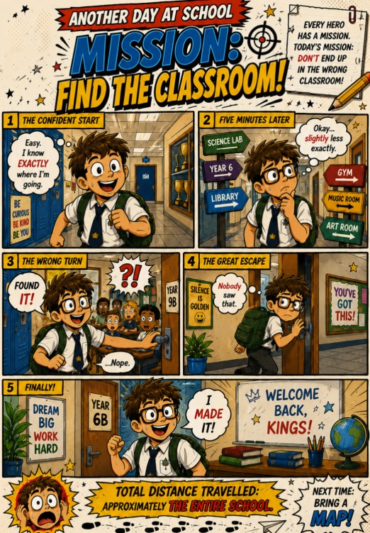 Comic strip page: Mission Find the Classroom, a student searching for his class